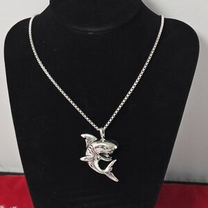Silver Shark Pendant Necklace Stainless Steel Ocean Statement Box Chain Surfer